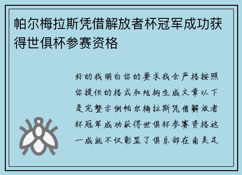 帕尔梅拉斯凭借解放者杯冠军成功获得世俱杯参赛资格